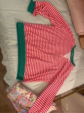 Striped Pink & White Long Sleeve Pullover with Green Trim